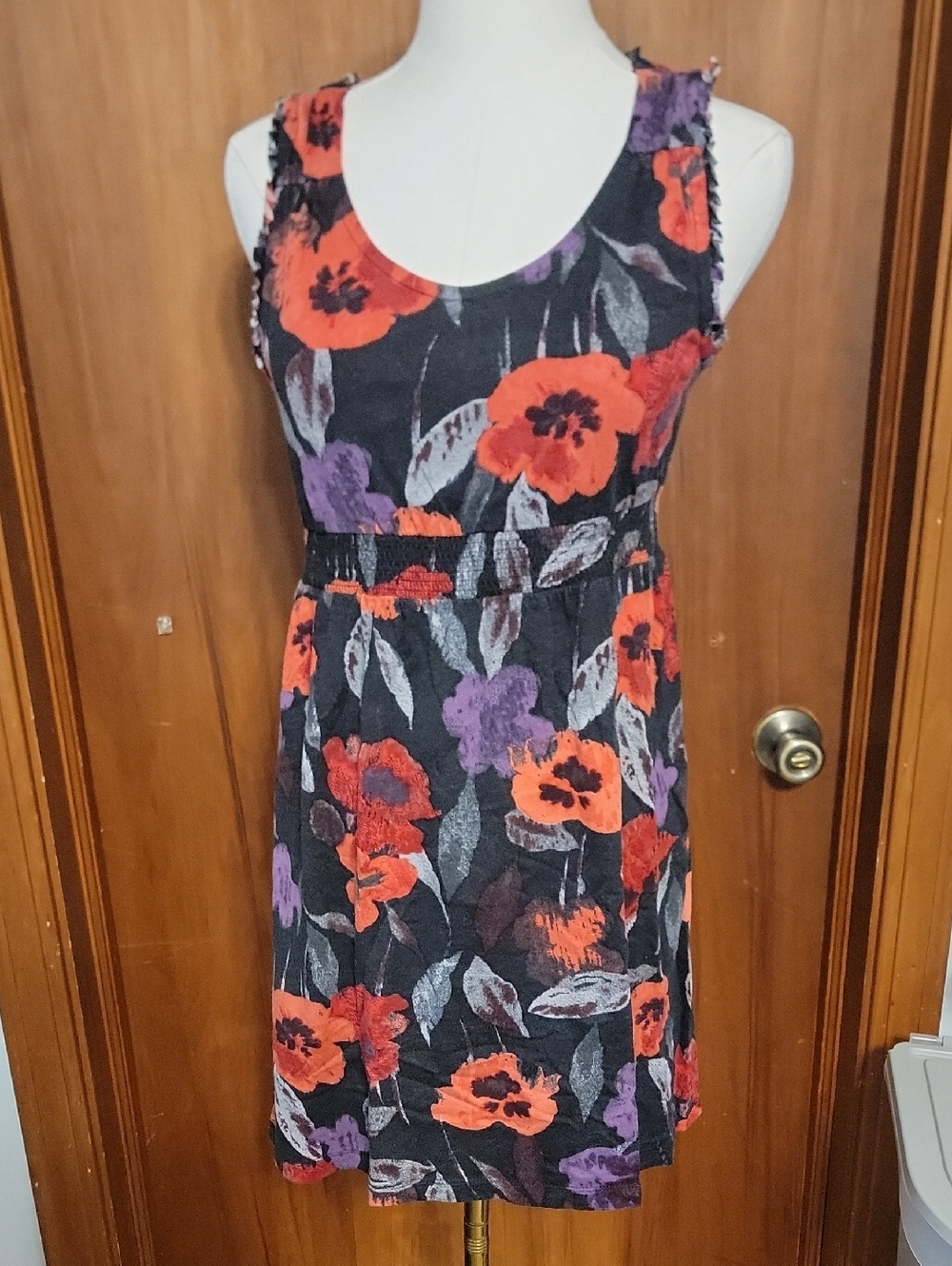 Floral Sleeveless Scoop Neck Dress in Black with Orange & Purple